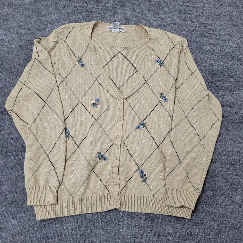 Alfred Dunner Cardigan Womens Size L Tan Rayon Blend Argyle Floral Embroidered